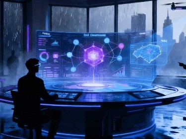 An abstract depiction of artificial intelligence, featuring interconnected circuits and glowing data streams.