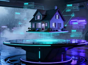 A futuristic house floats in the air, showcasing sleek design and advanced technology against a clear blue sky.