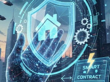 A futuristic digital interface showcasing smart contracts and blockchain technology in a modern setting.