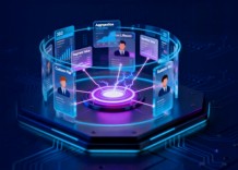 A futuristic computer displaying diverse people interacting within its digital interface.
