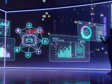 A man in front of a high-tech display featuring various digital icons, representing a futuristic technological environment.