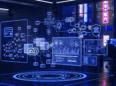 A modern office space with a bright, glowing screen and a computer, showcasing a futuristic design.