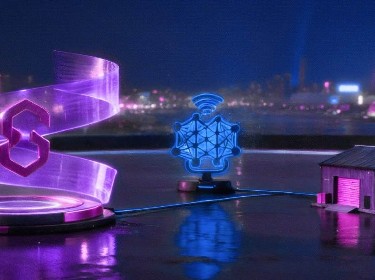 A purple neon sign depicting a house with a man standing in front, illuminated against a dark background.