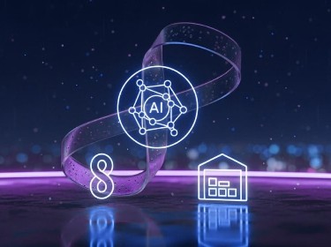 A purple neon sign featuring a house icon alongside a coin symbol, glowing brightly against a dark background.