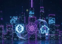 A city skyline surrounded by various digital icons representing technology and connectivity.