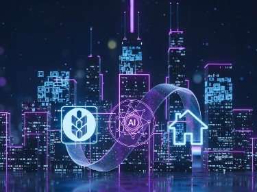A city skyline surrounded by various digital icons representing technology and connectivity.