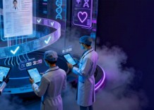 A group of people in lab coats attentively examines a computer screen together in a laboratory setting.