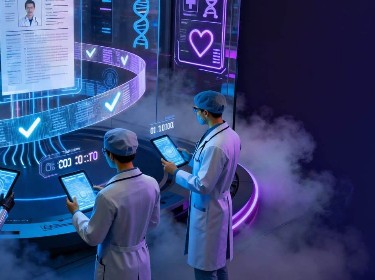 A group of people in lab coats attentively examines a computer screen together in a laboratory setting.