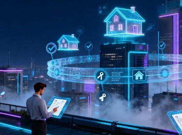 A futuristic concept image illustrating interconnected smart devices representing the future of the Internet of Things.