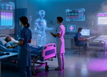 Inside a hospital room, a nurse stands beside a robot, both ready to assist with patient care and medical tasks.