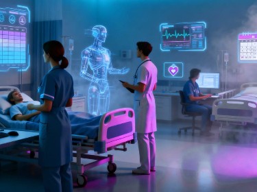 Inside a hospital room, a nurse stands beside a robot, both ready to assist with patient care and medical tasks.