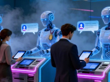 A group of people stands in front of a bank machine, accompanied by two robots interacting with them.