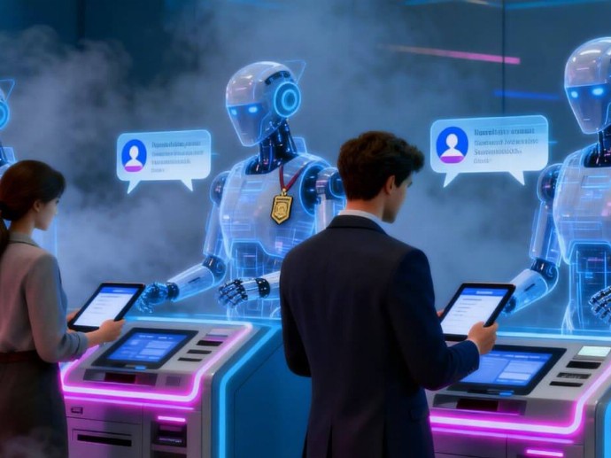 A group of people stands in front of a bank machine, accompanied by two robots interacting with them.