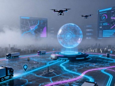 Conceptual image depicting advanced transportation and logistics technologies shaping the future of mobility and delivery systems.