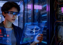 A woman with glasses is holding a computer screen, appearing attentive to the information on the display.