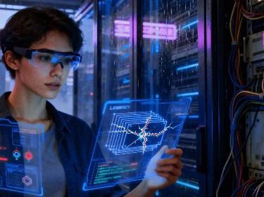 A woman with glasses is holding a computer screen, appearing attentive to the information on the display.