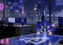 A modern office featuring sleek computers and a large indoor tree, blending technology with nature.