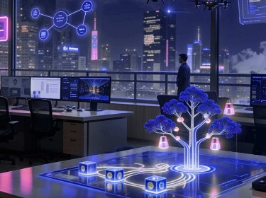 A modern office featuring sleek computers and a large indoor tree, blending technology with nature.