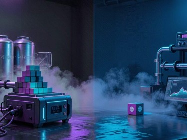 A smoke-filled computer room, suggesting an emergency situation or equipment failure.