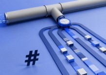 A blue pipe against a blue background, featuring a blue arrow pointing to the right.