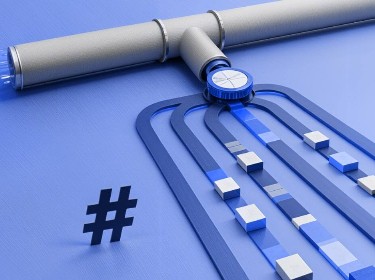 A blue pipe against a blue background, featuring a blue arrow pointing to the right.