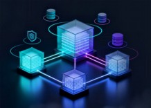 A cluster of modern buildings surrounded by a swirling cloud of digital data, symbolizing technology and connectivity.