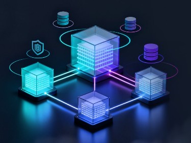 A cluster of modern buildings surrounded by a swirling cloud of digital data, symbolizing technology and connectivity.