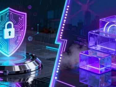 Two visuals featuring a purple shield alongside a computer, representing cybersecurity and digital protection.