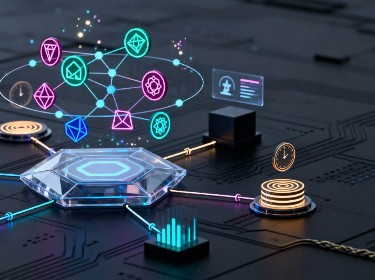A digital network illustration featuring interconnected icons representing various online services and applications.