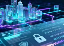 Digital city skyline with cyber security elements, illustrating the intersection of technology and urban safety.