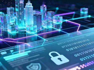 Digital city skyline with cyber security elements, illustrating the intersection of technology and urban safety.