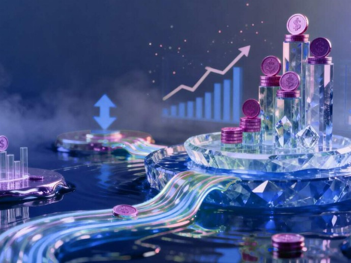 A computer screen displays a coin image alongside a rising graph, indicating financial trends or investments.