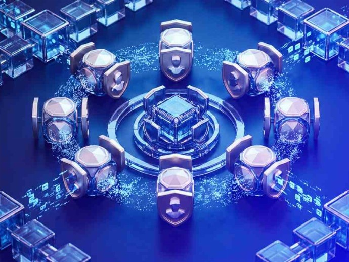 Several individuals gather in a bright area, encircled by numerous blue cubes of varying sizes.