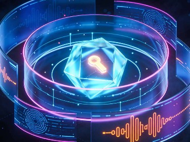 Futuristic digital design featuring a prominent key integrated into the abstract composition.