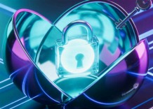 A lock and key bathed in purple and blue light, symbolizing security and mystery in a visually striking composition.