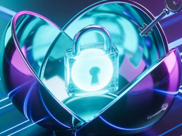 A lock and key bathed in purple and blue light, symbolizing security and mystery in a visually striking composition.