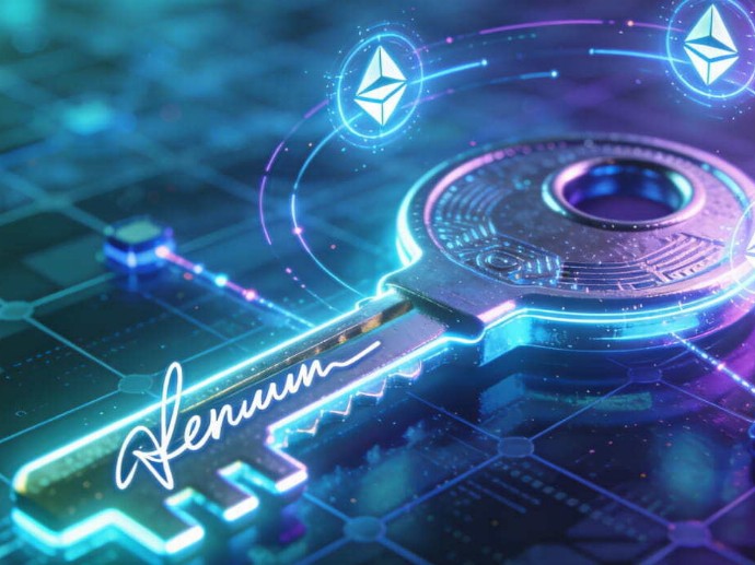Ethereum key with a digital key icon set against a futuristic digital background.