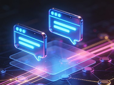 Two chat bubbles connected by lines, representing communication within a network.