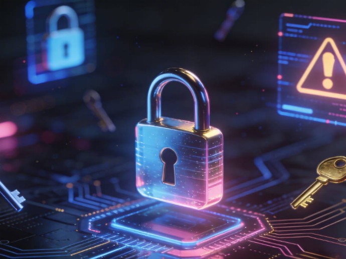 A padlock and keys resting on a circuit board, symbolizing security in technology.